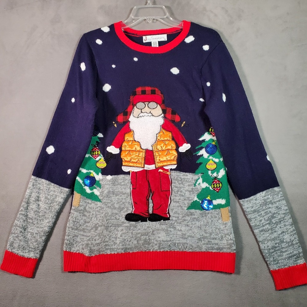 Ugly Christmas Sweater Mens S Blue Gray Hunting Santa Tree Snow Jolly Sweaters